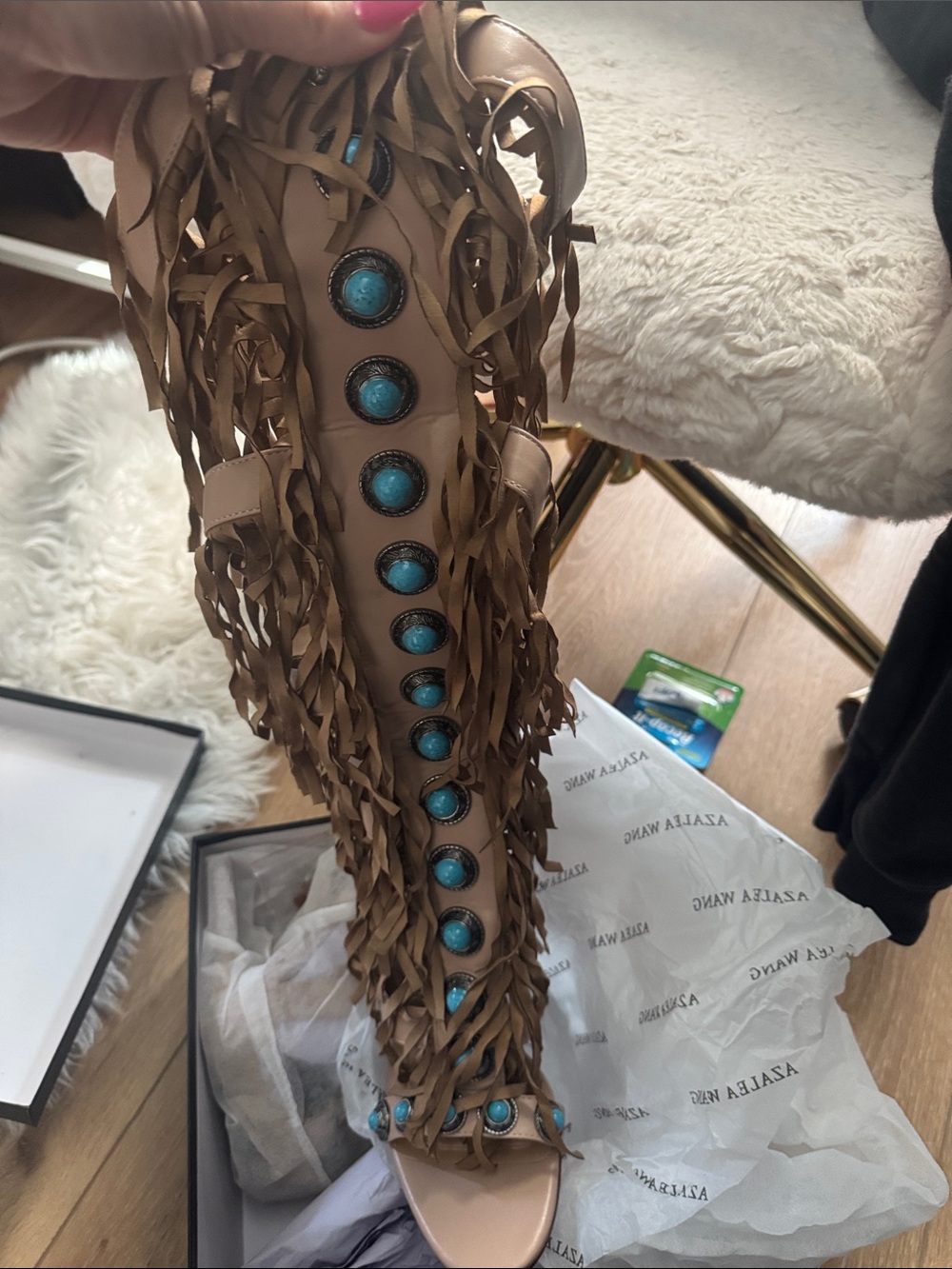 Tan Fringe Gladiator Sandal with Turquoise Accents